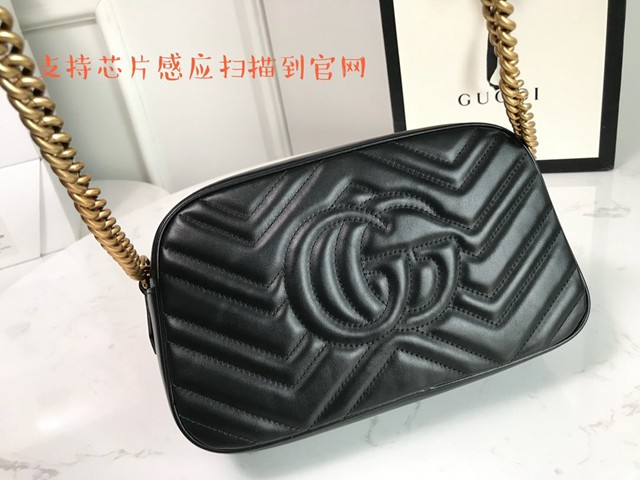 Gucci經典款女包 447632 晶片版 古馳Marmont系列 黑色皮革絎縫肩背包 Gucci鏈條單肩斜挎包  gqy3952